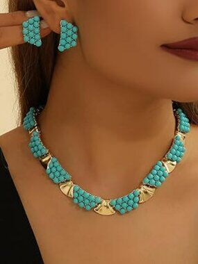 New Boho Shining Blue Turquoise Necklace Teardrop Dangle Earrings Fashion